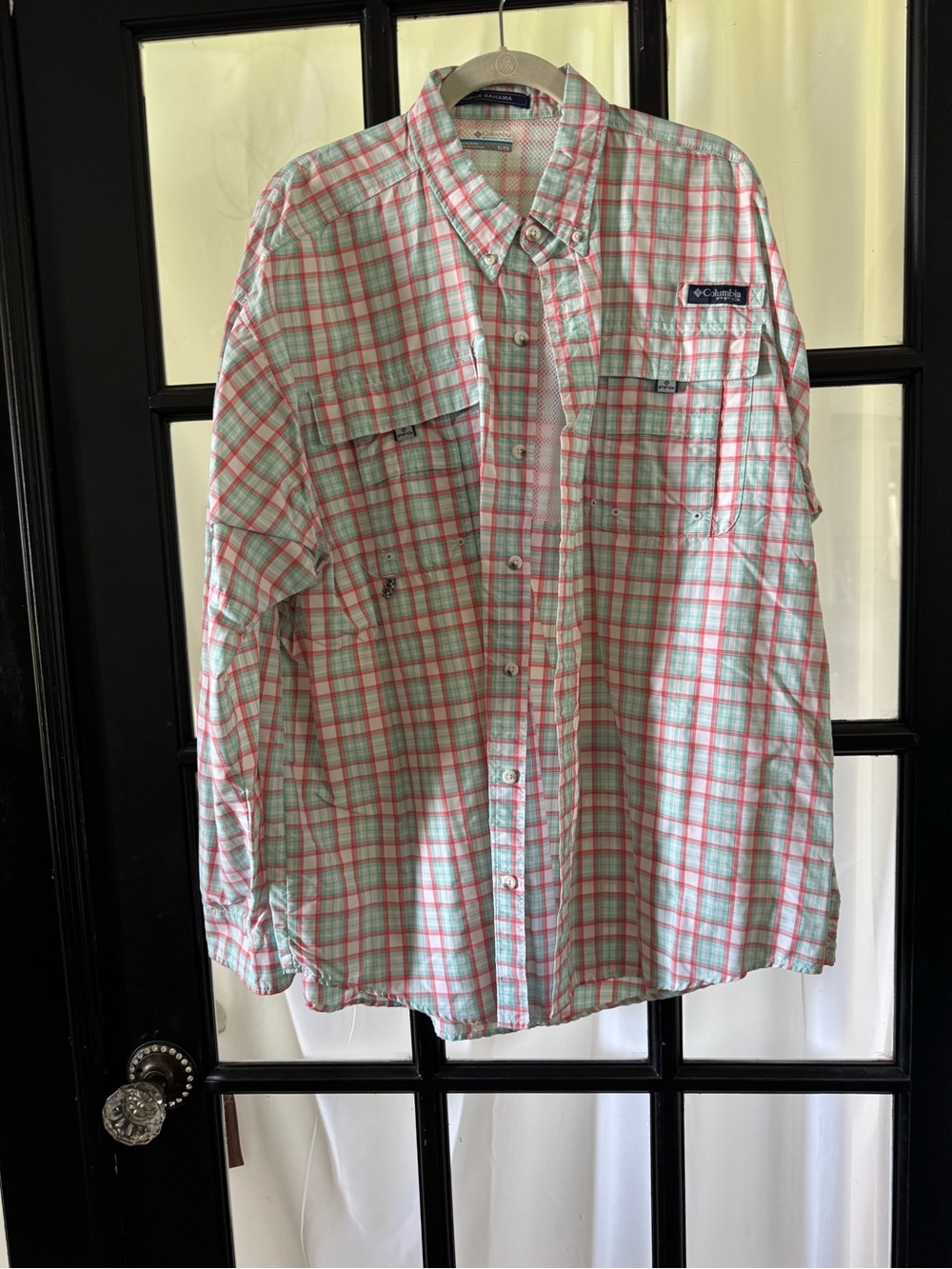 Columbia Plaid Button-Down Shirt in Mint Green & Coral